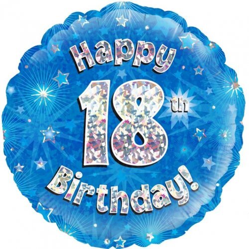 45cm Round Happy 18th Birthday Blue Holographic Foil Balloon #30210508 - Each (Pkgd.)