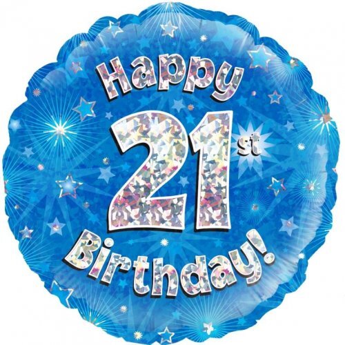 45cm Round Happy 21st Birthday Blue Holographic Foil Balloon #30210509 - Each (Pkgd.)