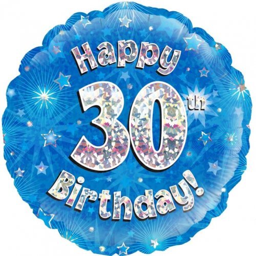 45cm Round Happy 30th Birthday Blue Holographic Foil Balloon #30210510 - Each (Pkgd.)