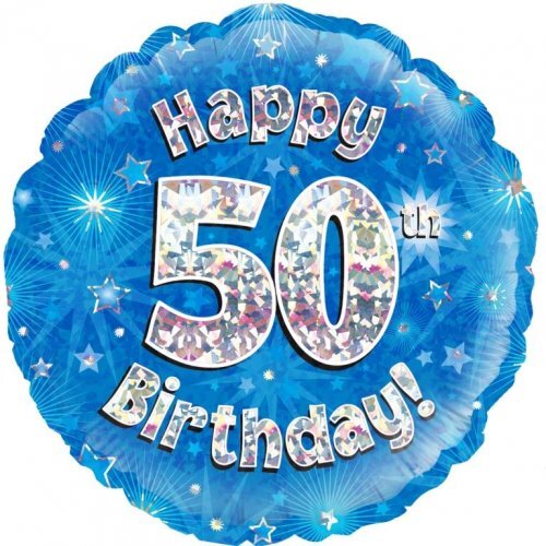45cm Round Happy 50th Birthday Blue Holographic Foil Balloon #30210512 - Each (Pkgd.)