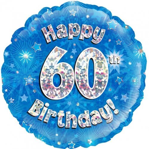 45cm Round Happy 60th Birthday Blue Holographic Foil Balloon #30210513 - Each (Pkgd.)
