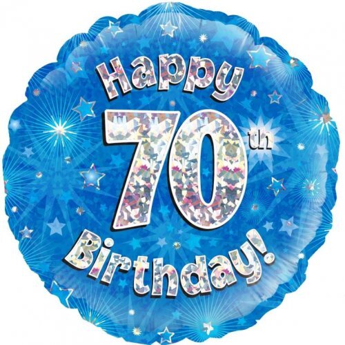 45cm Round Happy 70th Birthday Blue Holographic Foil Balloon #30210514 - Each (Pkgd.)