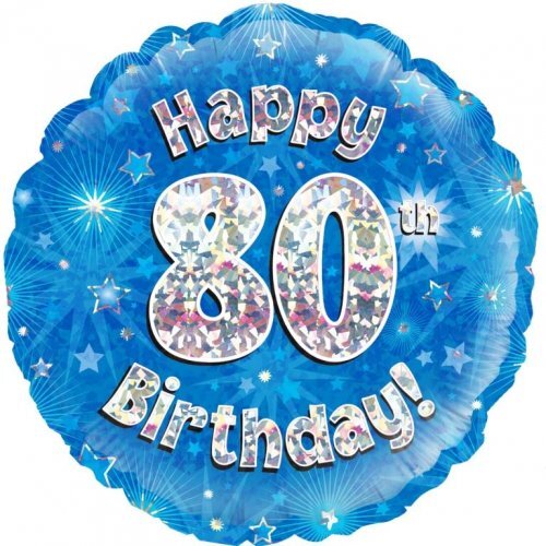 45cm Round Happy 80th Birthday Blue Holographic Foil Balloon #30210515 - Each (Pkgd.)