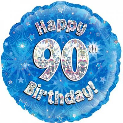 45cm Round Happy 90th Birthday Blue Holographic Foil Balloon #30210516 - Each (Pkgd.)