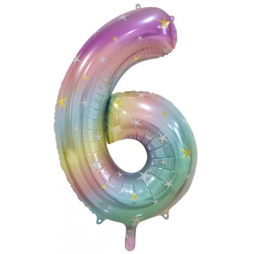 86cm Number 6 Foil Balloon Pastel Rainbow with Stars #30213796 - Each (Pkgd.)
