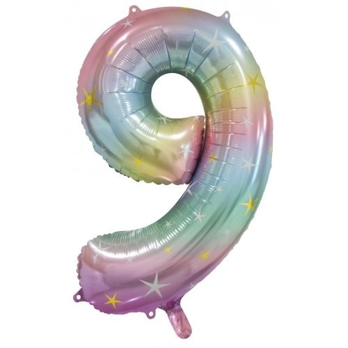 86cm Number 9 Foil Balloon Pastel Rainbow with Stars #213799 - Each (Pkgd.)