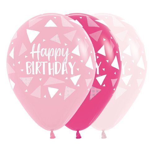30cm Round Pinks Happy Birthday Triangles Sempertex Latex #30221202 - Pack of 50 