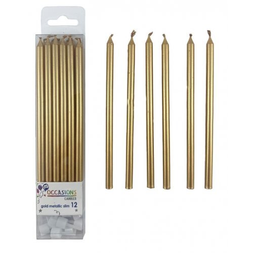 Candles Metallic Gold Slim 120mm with Holders 12PK #30431190 - Each (Pkgd.) 