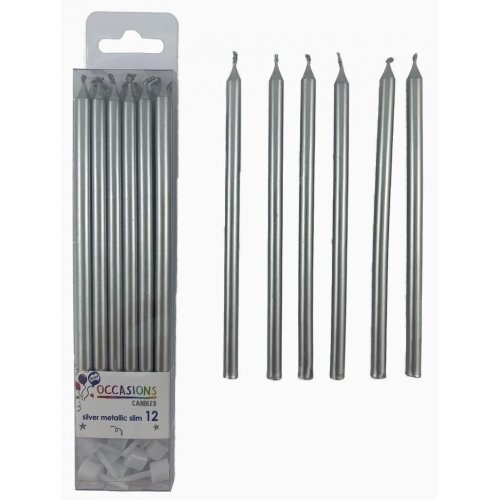Candles Metallic Silver Slim 120mm with Holders 12PK #30431191 - Each (Pkgd.)