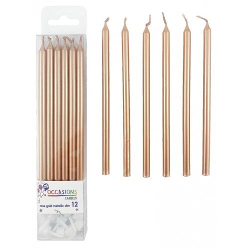 Candles Metallic Rose Gold Slim 120mm with Holders 12PK #30431192 - Each (Pkgd.) 