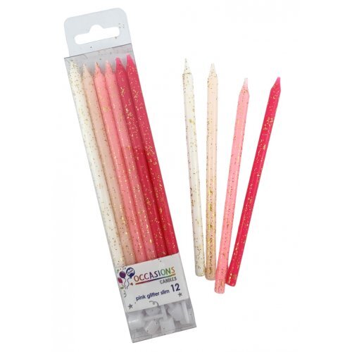 Candles Pinks Glitter Slim 120mm with Holders 12PK #30431196 - Each (Pkgd.) 