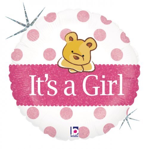 45cm Round Foil Baby Girl Big Heart Bear Holographic #30G86827H - Each (Pkgd.) TEMPORARILY UNAVAILABLE