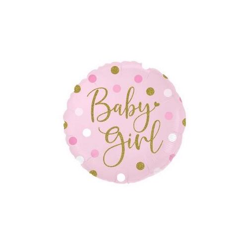 45cm Round Foil Sparkling Baby Girl Dots Holographic #30OT228106 - Each (Pkgd.) TEMPORARILY UNAVAILABLE