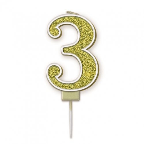 Candle Numeral #3 Sparkling Fizz Gold (7.5cm) #30OT656130 - Each (Pkgd.)