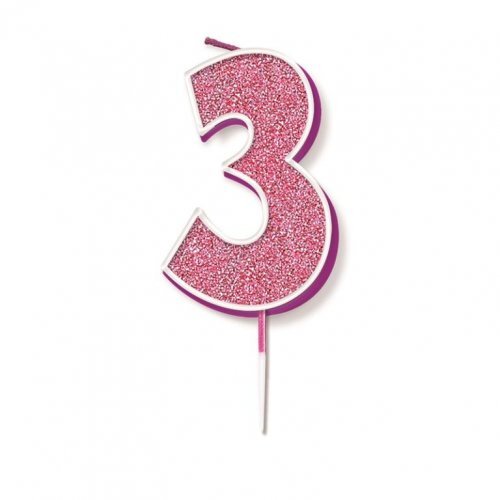 Candle Numeral #3 Sparkling Fizz Pink (7.5cm) #30OT656239 - Each (Pkgd.)