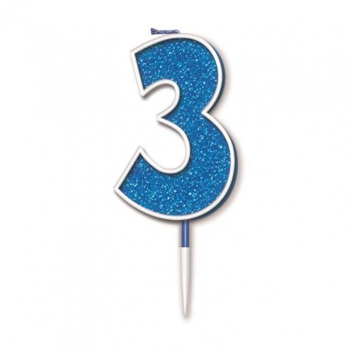 Candle Numeral #3 Sparkling Fizz Blue (7.5cm) #30OT656338 - Each (Pkgd.)