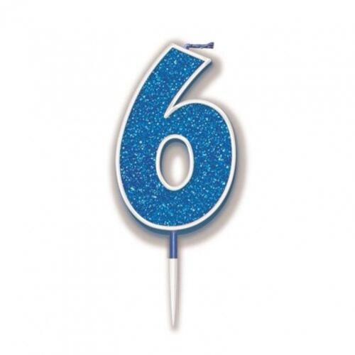 Candle Numeral #6 Sparkling Fizz Blue (7.5cm) #30OT656369 - Each (Pkgd.)