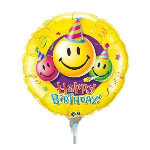 22cm Birthday Smiley Faces Foil Balloon #31125AF - Each (Inflated, supplied air-filled on stick)
