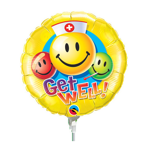 22cm Get Well Smiley Faces Foil Balloon #31127AF - Each (Inflated, supplied air-filled on stick) 