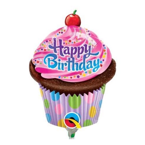 Mini Shape Birthday Frosted Cupcake Foil Balloon 35cm #32935AF - Each (Inflated, supplied air-filled on stick) TEMPORARILY UNAVAILABLE
