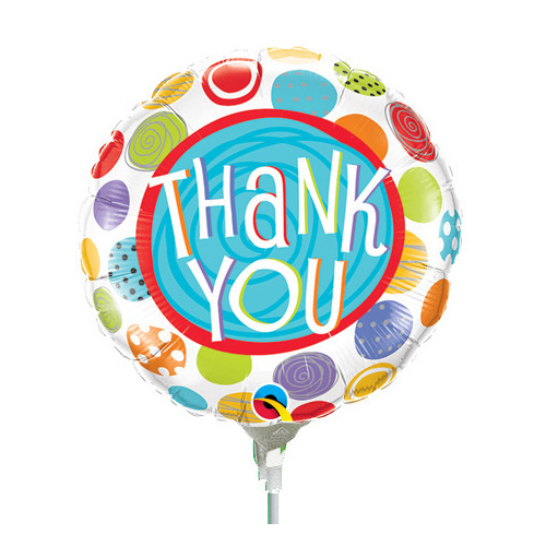 22cm Thank You Patterned Dots Foil Balloon #33318AF - Each (Inflated, supplied air-filled on stick) TEMPORARILY UNAVAILABLE