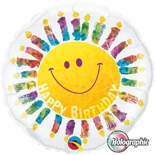 45cm Round Foil Holographic Birthday Smile Face & Candles #35344 - Each (Pkgd.) SPECIAL ORDER ITEM