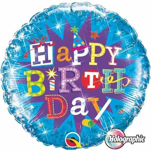 45cm Round Foil Holographic Birthday Typography Blue #35353 - Each (Pkgd.) TEMPORARILY UNAVAILABLE
