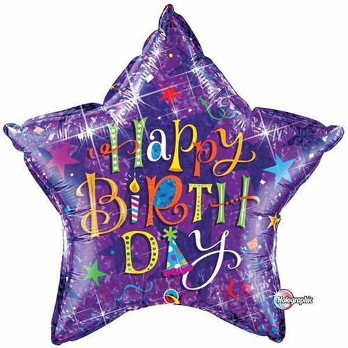 90cm Star Foil Holographic Birthday Typography Purple #35358 - Each (Pkgd.) TEMPORARILY UNAVAILABLE