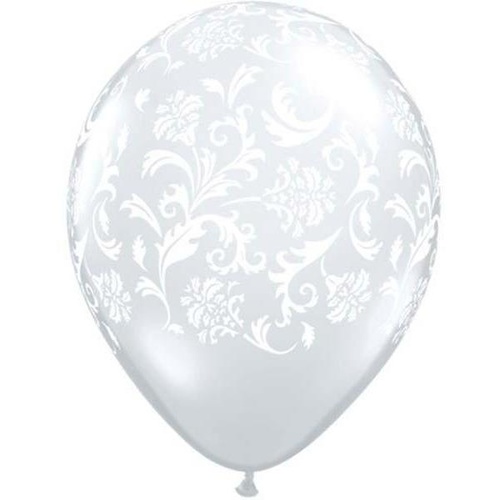28cm Round Diamond Clear Damask Print (White) #37507 - Pack of 50