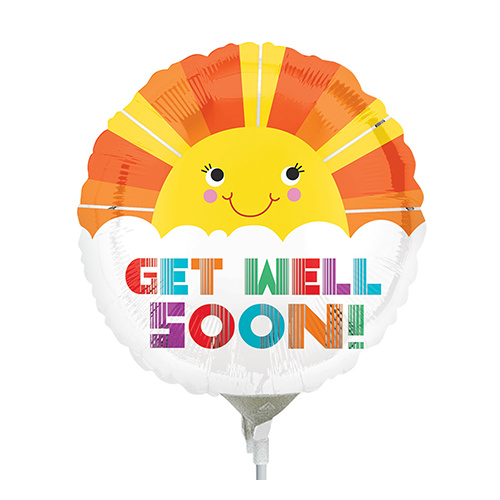22cm Get Well Soon Smiley Sunshine Foil Balloon #4028835AF - Each (Inflated, supplied air-filled on stick) TEMPORARILY UNAVAILABLE