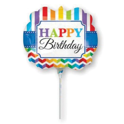 Mini Shape Happy Birthday Bright Stripe & Chevron Foil Balloon #4030849AF - Each (Inflated, supplied air-filled on stick)