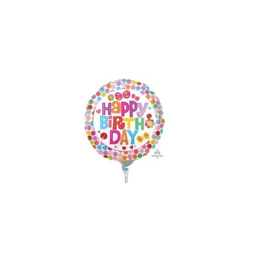 22cm Round Happy Birthday Flower Foil Balloon #4030875AF - Each (Inflated, supplied air-filled on stick) TEMPORARILY UNAVAILABLE