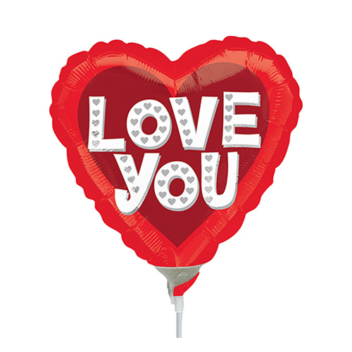 22cm Love You Silver Hearts Foil Balloon #4031874AF - Each (Inflated, supplied air-filled on stick) TEMPORARILY UNAVAILABLE