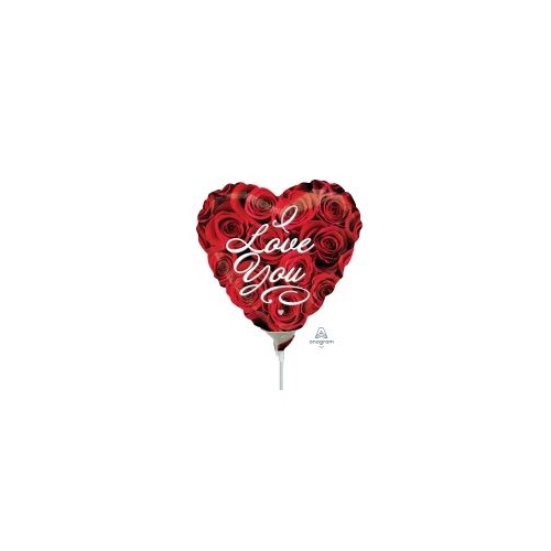 10cm Love You Roses Foil Balloon #4031884AF - Each (Inflated, supplied air-filled on stick) TEMPORARILY UNAVAILABLE