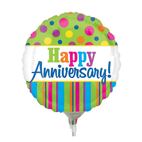 22cm Happy Anniversary Bright Foil Balloon #4032139AF - Each (Inflated, supplied air-filled on stick)