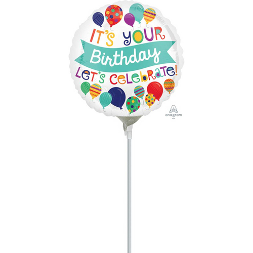 22cm Happy Birthday Let's Celebrate Foil Balloon #4035209AF - Each (Inflated, supplied air-filled on stick)