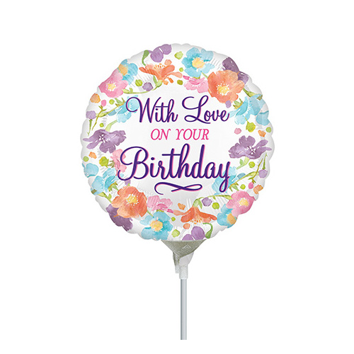 10cm Birthday With Love Foil Balloon #4035583AF - Each (Inflated, supplied air-filled on stick) TEMPORARILY UNAVAILABLE