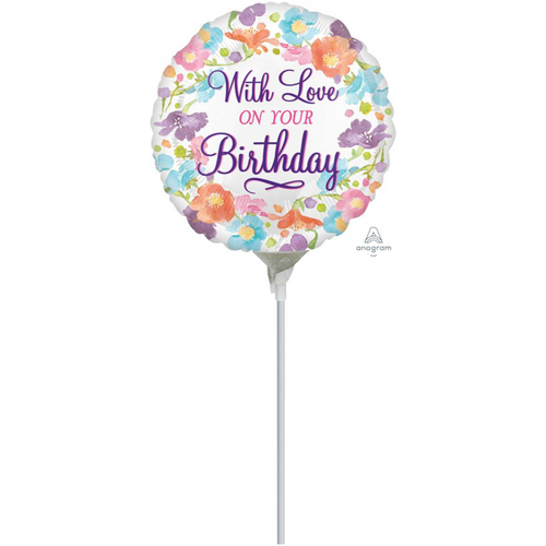 22cm Birthday With Love Foil Balloon #4035586AF - Each (Inflated, supplied air-filled on stick)