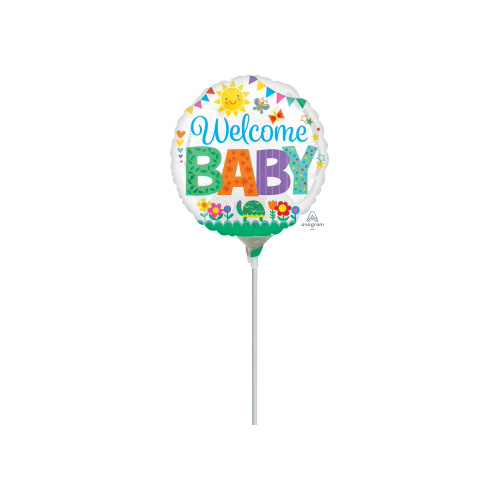 10cm Welcome Baby Cute Foil Balloon #4035594AF - Each (Inflated, supplied air-filled on stick)  TEMPORARILY UNAVAILABLE
