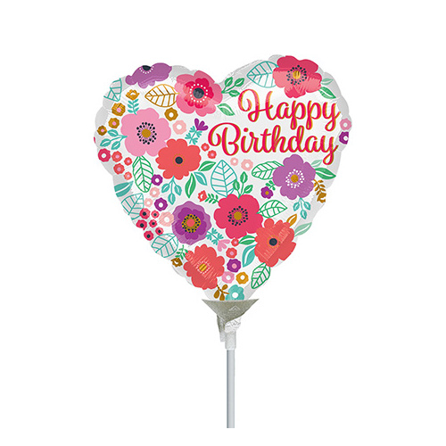 10cm Birthday Floral Print Foil Balloon #4035634AF - Each (Inflated, supplied air-filled on stick) TEMPORARILY UNAVAILABLE