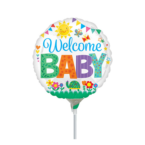 10cm Baby Welcome Cute Icons Foil Balloon #4035637AF - Each (Inflated, supplied air-filled on stick) TEMPORARILY UNAVAILABLE