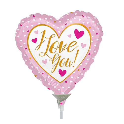 22cm Love You Gold & Pink Foil Balloon #4036463AF - Each  (Inflated, supplied air-filled on stick) TEMPORARILY UNAVAILABLE