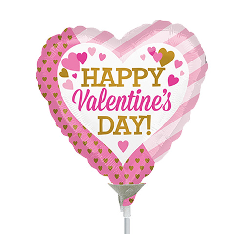 22cm Valentine's Day Pink & Gold Foil Balloon #4036476AF - Each  (Inflated, supplied air-filled on stick) TEMPORARILY UNAVAILABLE