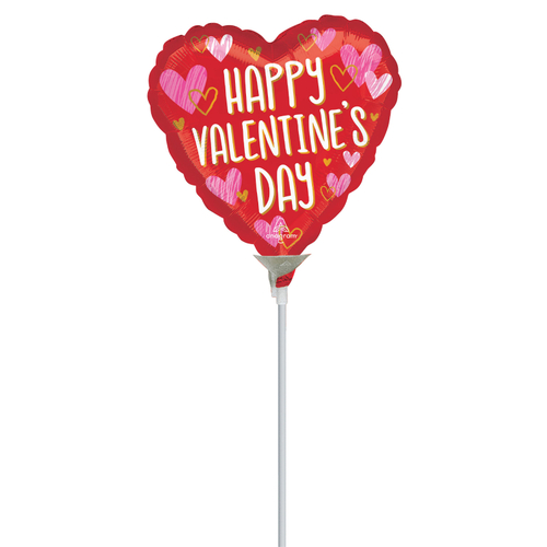 10cm Happy Valentine's Day Sketched Impressions Foil Balloon #4045143AF - Each (Inflated, supplied air-filled on stick)