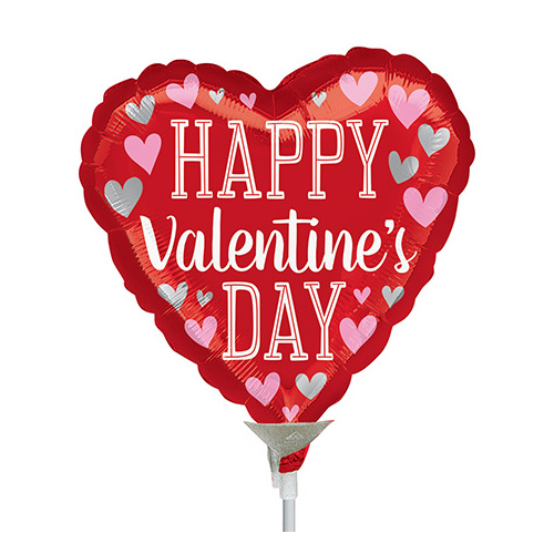 22cm Valentine's Day Pink & Silver Hearts Foil Balloon #4038794AF - Each (Inflated, supplied air-filled on stick) TEMPORARILY UNAVAILABLE