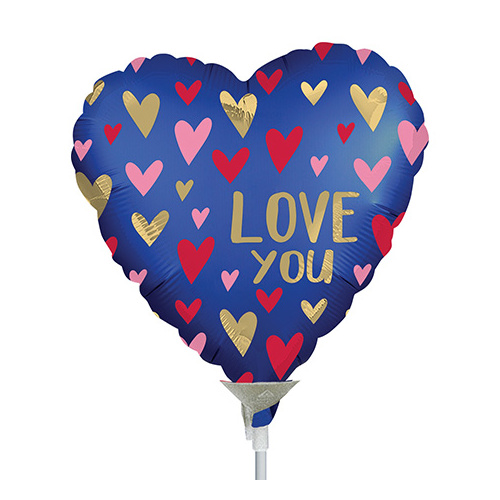 22cm Love You Satin Navy & Gold Foil Balloon #4039020AF - Each (Inflated, supplied air-filled on stick) TEMPORARILY UNAVAILABLE