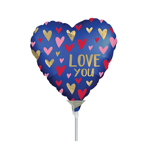 10cm Love You Satin Navy & Gold Foil Balloon #4039021AF - Each (Inflated, supplied air-filled on stick) 