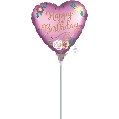 22cm Happy Birthday Satin Flowers Foil Balloon #4039067AF - Each (Inflated, supplied air-filled on stick)