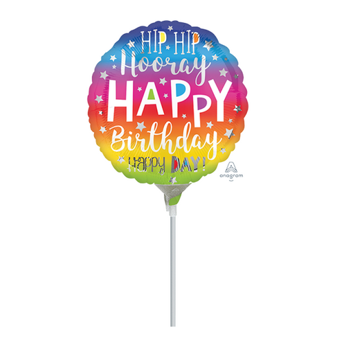 22cm Happy Birthday Hip Hip Hooray Foil Balloon #4039645AF - Each (Inflated, supplied air-filled on stick)