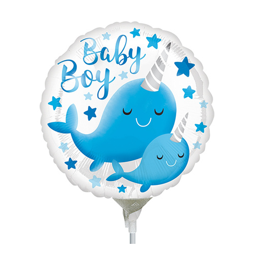 22cm Baby Boy Narwhal Foil Balloon #4039649AF - Each (Inflated, supplied air-filled on stick) TEMPORARILY UNAVAILABLE